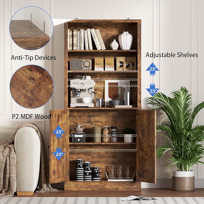 71.4" Tall Bookshelf with Cabinet, 5-Tier Floor Standing Bookcase with Doors & - Image 5
