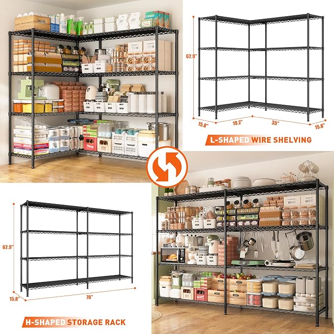 REIBII 70"W Metal Shelving, Storage Shelves 4-tier Wire Shelving Unit Load - Image 7