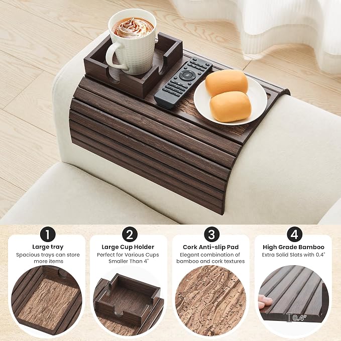 Bamboo Sofa Arm Tray Table, Foldable Couch Cup Holder, Anti-Slip Wide Couch Arm - Image 2