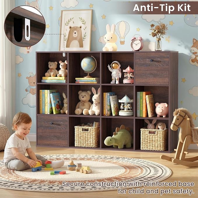 12 Cube Storage Organizer, Walnut Bookcase, Wooden Bookshelf - Image 7