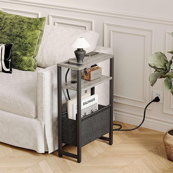 Narrow Side Table with Charging Station Slim End Table Sofa with Magazine Rack - Image 2