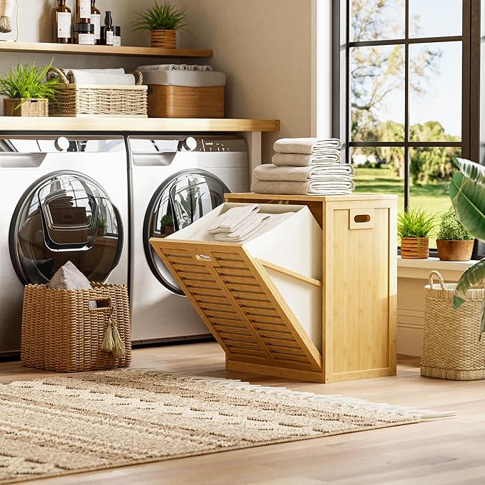 HITNET Tilt Out Laundry Hamper, Bamboo Laundry Cabinet - Image 2