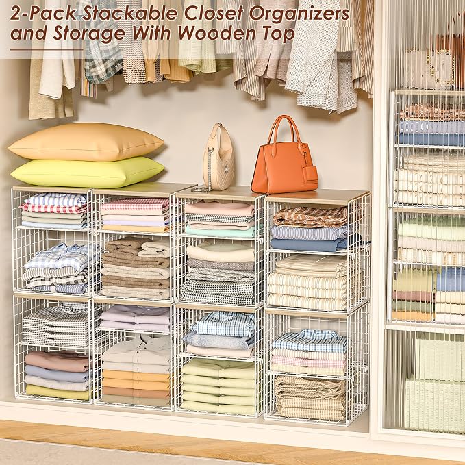 4-Tier Stackable Closet Organizers and Storage, Adjustable Dividers & Wood Top - Image 2