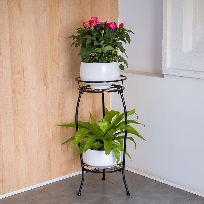 FaithLand Plant Stand, Metal Planter Holder Indoor Outdoor, 2 Tier Round Potted - Image 4