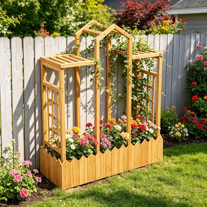 Raised Garden Beds with Arch Trellis Outdoor, Wooden Planter Boxes with Hanging by TenaoVilleux