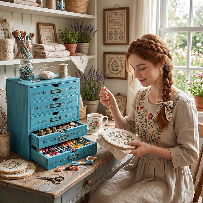 Wesiti 5-drawer Wooden Desk Organizer Blue, Embroidery Floss Thread Organizer - Image 5