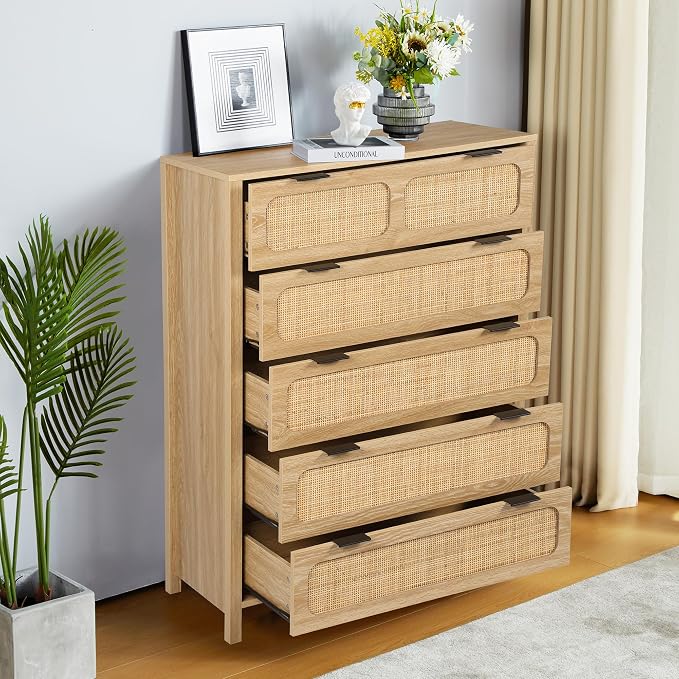 5 Drawer Dresser with Rattan Finish, Modern Farmhouse Chest of Drawers with - Image 4