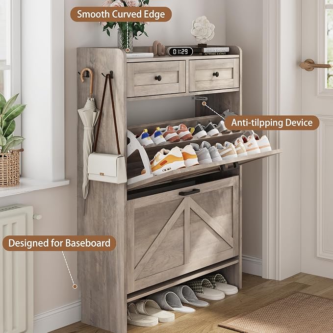 Shoe Cabinet with 2 Flip Drawers & 2 Top Drawers, Hidden Slim Shoe Rack - Image 5
