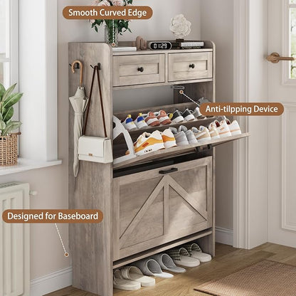 Shoe Cabinet with 2 Flip Drawers & 2 Top Drawers, Hidden Slim Shoe Rack - Image 5
