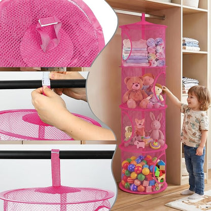 Hanging Stuffed Animal Storage Hammock Net 4 Tiers, Hot Pink | Hanging Mesh - Image 4