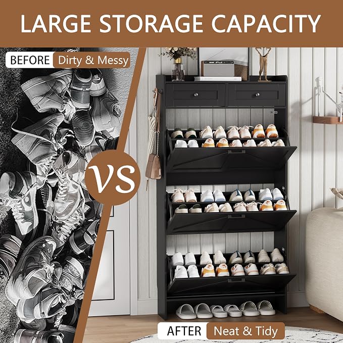 Shoe Cabinet with 3 Flip Drawers & 2 Top Drawers, Hidden Slim Shoe Rack - Image 7