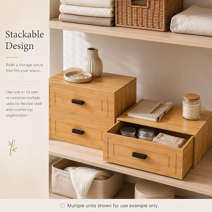 Kingrol Bamboo Storage Drawer, Stackable Single Drawer Organizer - Image 4