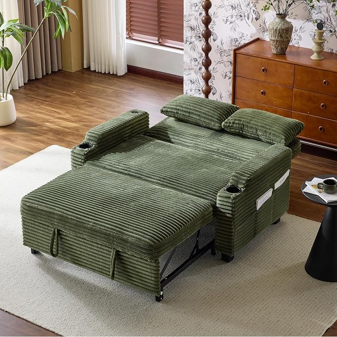 VINGLI Green Futon Sofa Bed Convertible Loveseat Sleeper Sofa Couch, Corduroy - Image 8