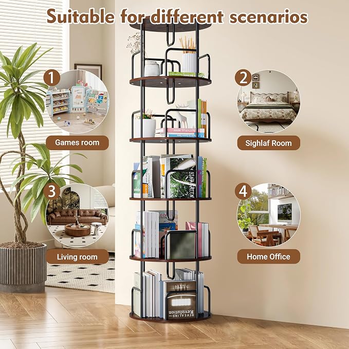 GDFStudio Rotating Bookshelf Tower, 5 Tier 360° Spinning Bookcase, Tall Narrow - Image 5