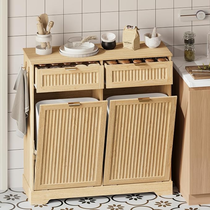 2 x 13 Gallons Double Tilt Out Trash Can Cabinet, Wooden Fluted Trash Garbage - Image 7