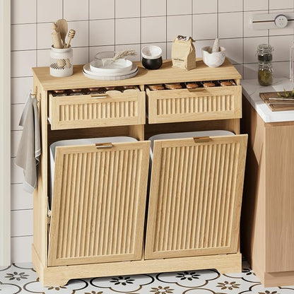 2 x 13 Gallons Double Tilt Out Trash Can Cabinet, Wooden Fluted Trash Garbage - Image 7