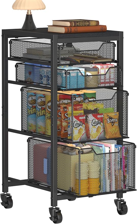 Slim Rolling Storage Cart with Drawers, Under Desk Storage with Wooden Tabletop by Aokitsink