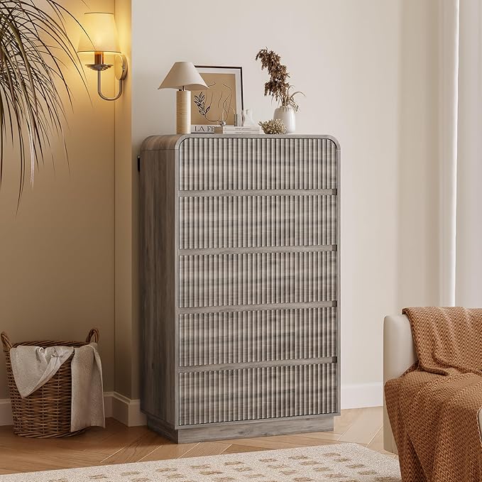 Tall Dresser for Bedroom with 5 Drawers, Fluted Chest of Drawers with Round by BORNOON
