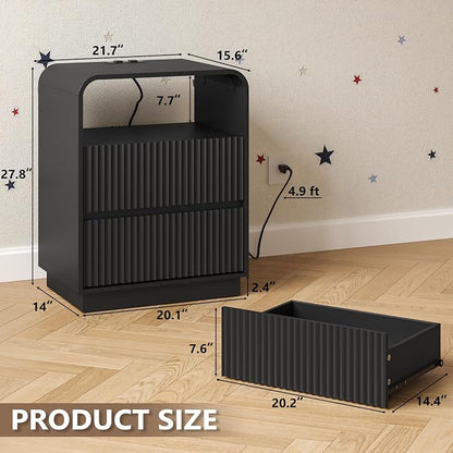 Dresser with 2 Drawers and Charging Station, Fluted Bedside Table with Round - Image 2