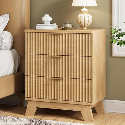 Fluted Nightstand, Mid Century Modern Wood Night Stand by Xixini