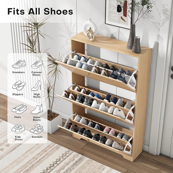 Nicetree Shoe Cabinet with 3 Flip Drawers, Entryway Storage, Natural Oak | - Image 3