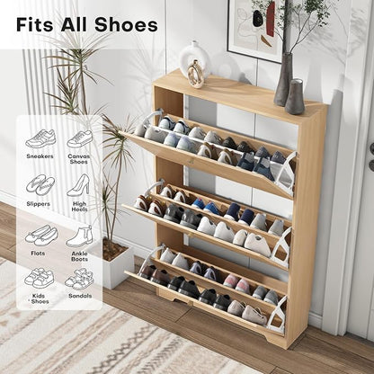Nicetree Shoe Cabinet with 3 Flip Drawers, Entryway Storage, Natural Oak | - Image 3