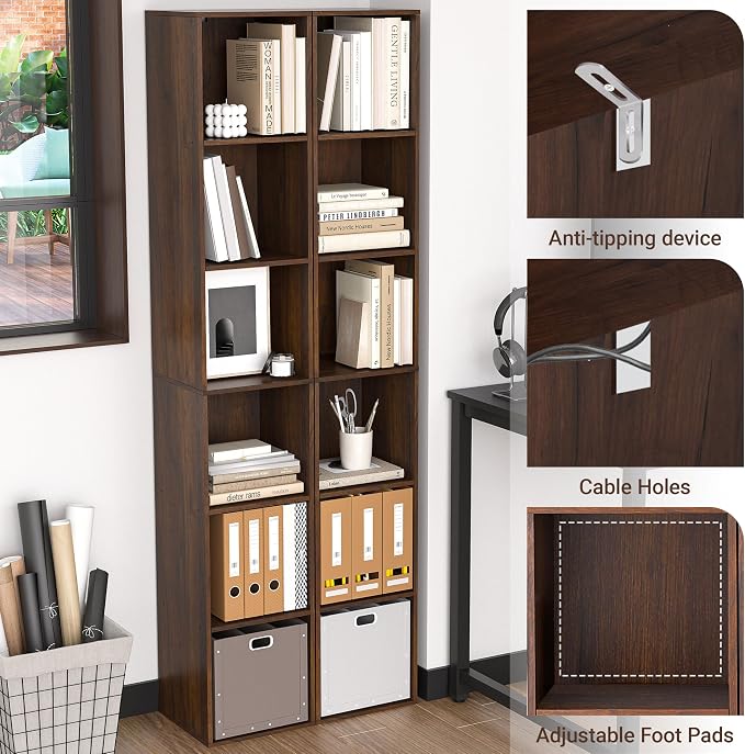 6 Cube Storage Organizer, Narrow Open Shelf Bookcase, Freestanding 6 Tier Low - Image 5