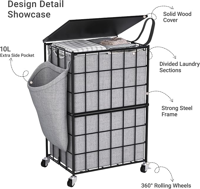 90L Laundry Basket with Wheels, Large Capacity Laundry Hamper with Removable - Image 3