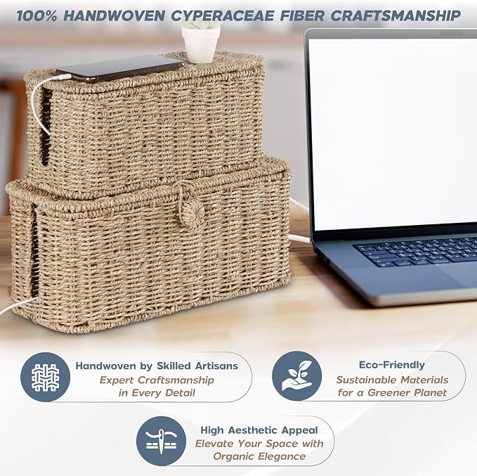 2-Pack Large Cable Management Box, Natural Rattan Cable Cord Organizer Boxes - Image 2
