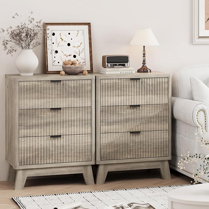 Fluted Nightstand with 3 Storage Drawers, Mid Century Modern Wooden Side Table - Image 7