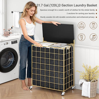 120L Laundry Basket with Wheels, Large Capacity Laundry Hamper with 3 Separate - Image 6