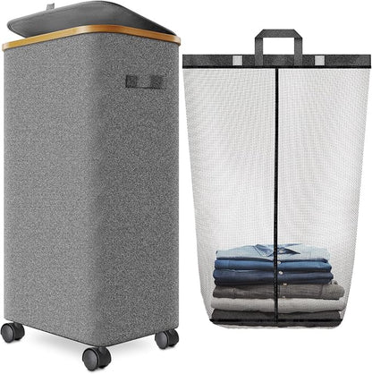 Laundry Hamper with Wheels, 29 Gal Laundry Basket with lid Rolling Clothes by Wuevu