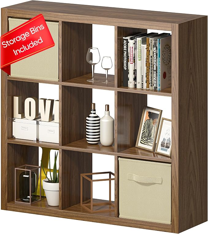Bookshelf with Storage Bins, 9-Cube Storage Organizer Sturdy Wooden Bookcase by furtble