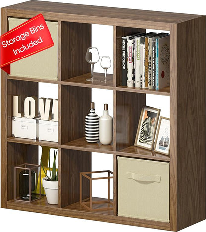 Bookshelf with Storage Bins, 9-Cube Storage Organizer Sturdy Wooden Bookcase by furtble