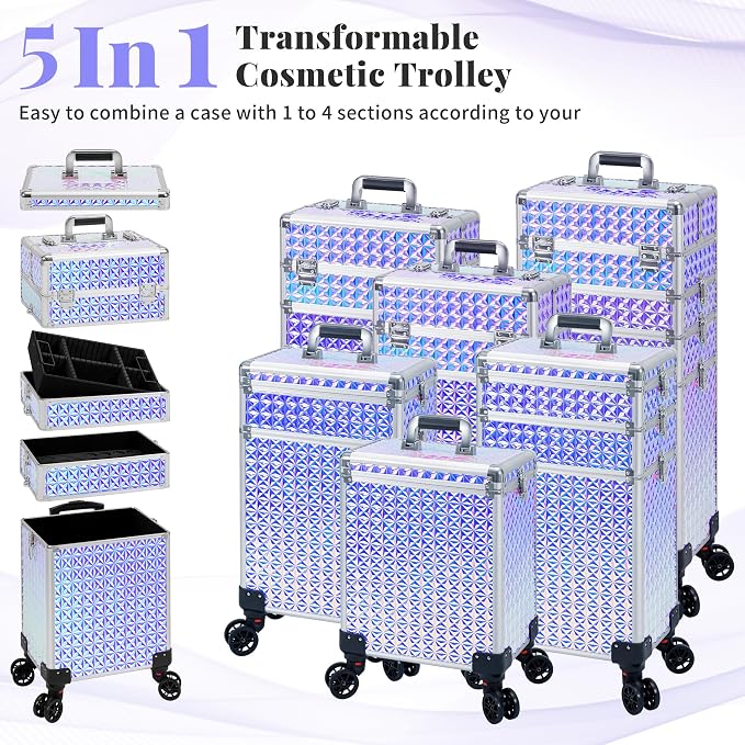 AROUS 5 in 1 Rolling Makeup Train Case Cosmetology Case on Wheels Large - Image 3