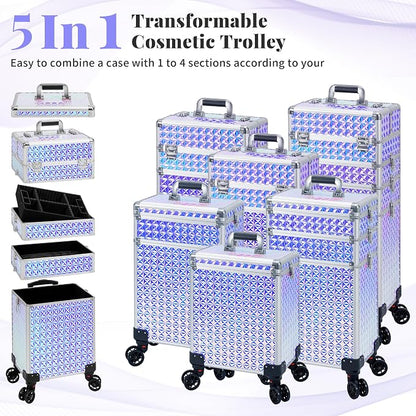 AROUS 5 in 1 Rolling Makeup Train Case Cosmetology Case on Wheels Large - Image 3