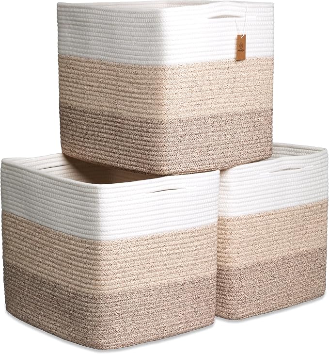 NaturalCozy 13x15x13 Kallax Storage Cubes Bins, 3 Pack | Cotton Rope Cube by NaturalCozy