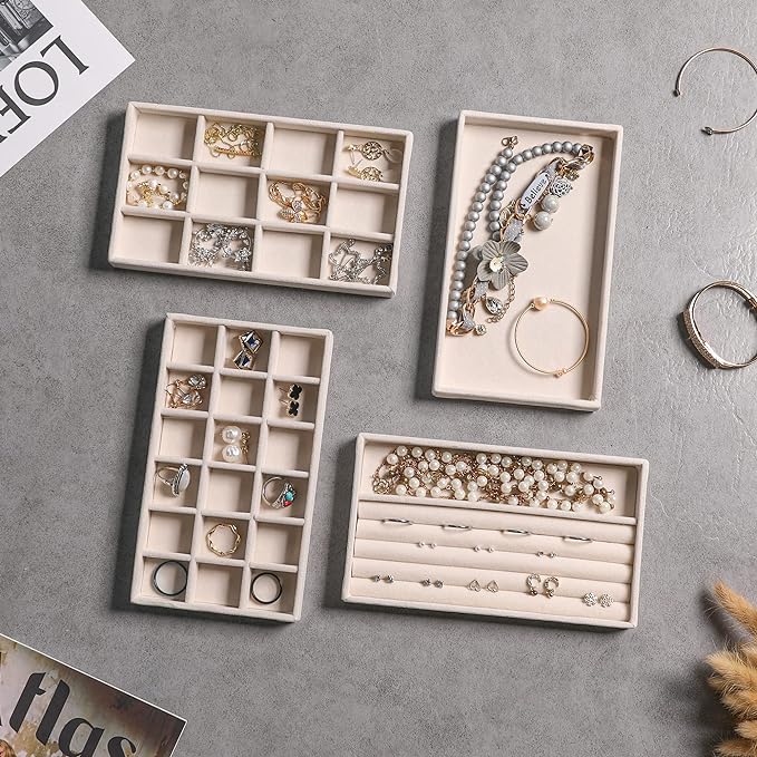 Frebeauty Jewelry Organizer Tray, Stackable Velvet Jewelry Trays, Drawer - Image 5