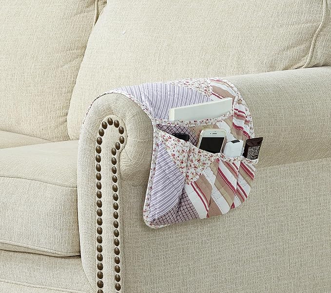 Brilliant Sunshine Pink Rosette and Stripes Patchwork Couch Armrest 5 Pockets - Image 2