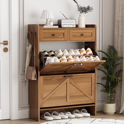 Shoe Cabinet with 2 Flip Drawers & 2 Top Drawers, Hidden Slim Shoe Rack by Xixini