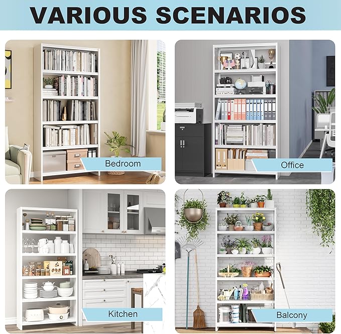 69" White Bookshelf, 5 Tier Tall Bookcase - Image 4