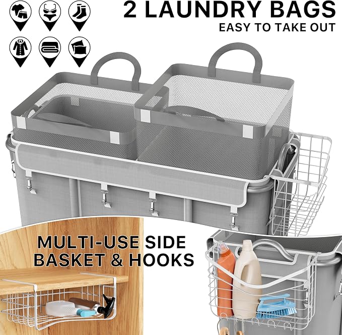 Simple Houseware Extra Large 2 Section Rolling Laundry Cart 265 Liter – Heavy - Image 4