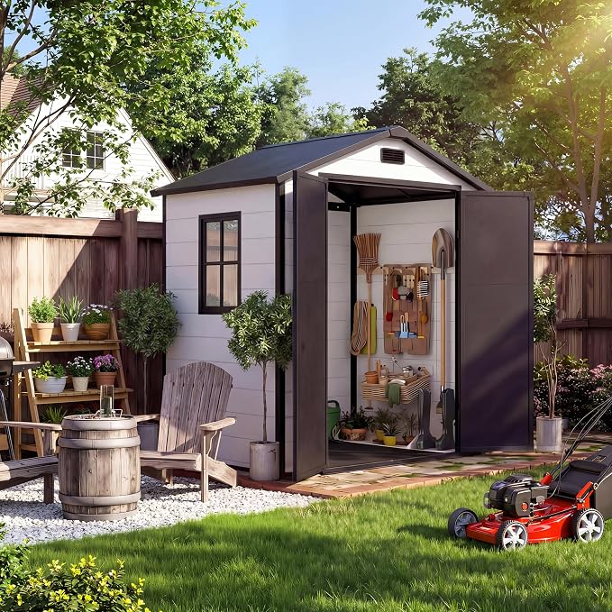 Outdoor Storage Shed with Floor, Plastic Resin Garden Shed with Window & - Image 2