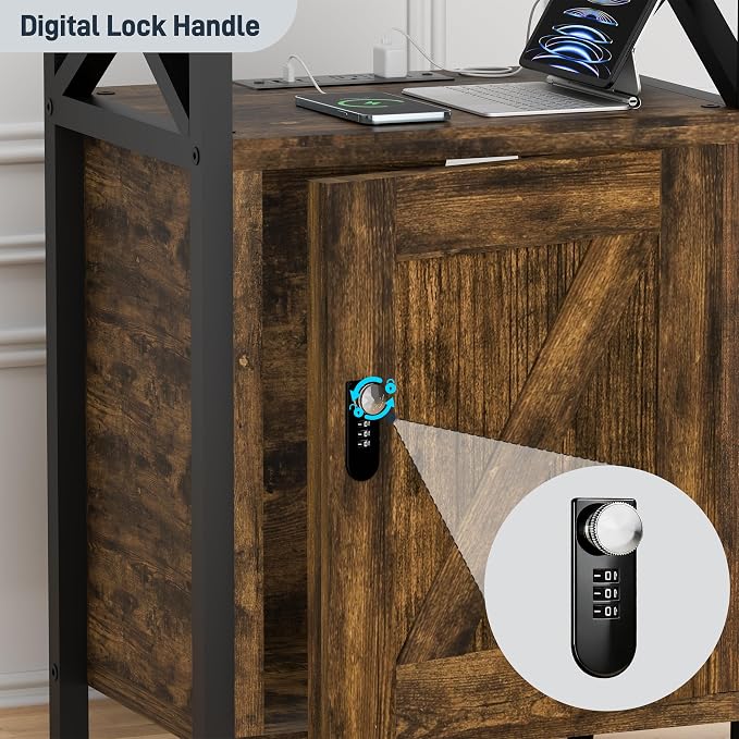 runjuly Wooden Nightstand with Lock Cabinet and Charging Station, Lockable - Image 5