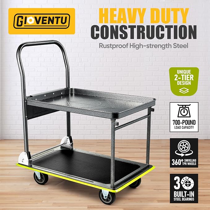 Heavy Duty Push Cart Dolly, 2 Tier Foldable Platform Hand Truck | High-Strength - Image 2