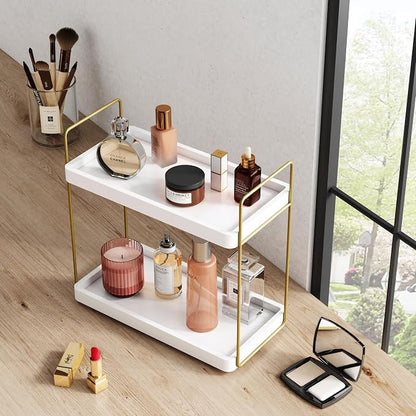 Forbena White and Gold Bathroom Counter Organizer, 2 Tier Makeup Vanity - Image 6