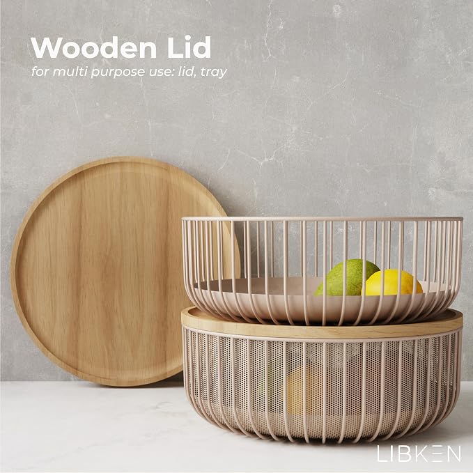 Metal Fruit Bowl Basket with Wooden Lid - Image 2