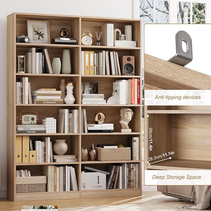 FACBOTALL Bookshelf and Bookcase, 6-Tier Double Wide Bookshelves, Freestanding - Image 6