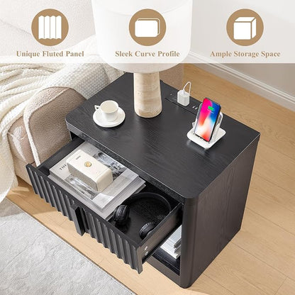 Fluted Nightstand with Charging Station, 23.6" End Table with Open Shelf and - Image 3