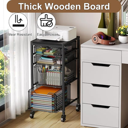 Slim Rolling Storage Cart with Drawers, Under Desk Storage with Wooden Tabletop - Image 5